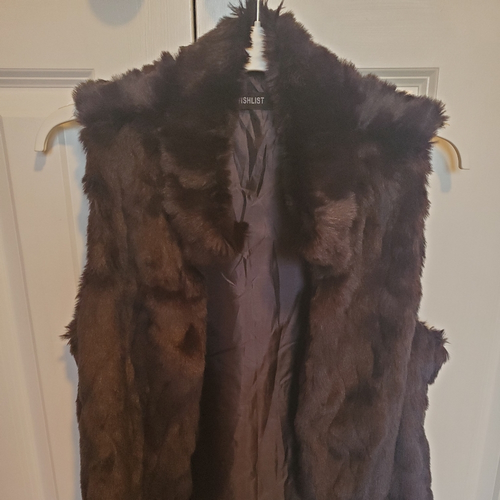 Faux fur vest with hidden eye and hook closure, M, brown